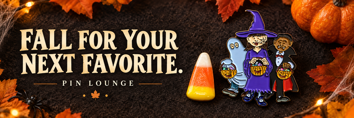 Fall for your next favorite. Pin Lounge Candy Corn and Trick or Treat pins with pumpkins and autumn leaves.